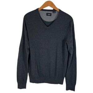 Haggar‎ Sweater Mens Size M Dark Grey V Neck Pullover Sweater Cotton Elbow Patch
